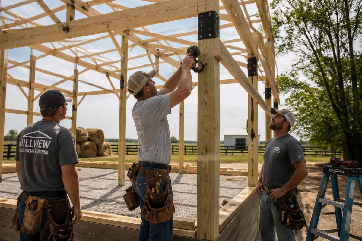 Kentucky Pole Barn Builders crew setting posts and trusses on a post-frame building